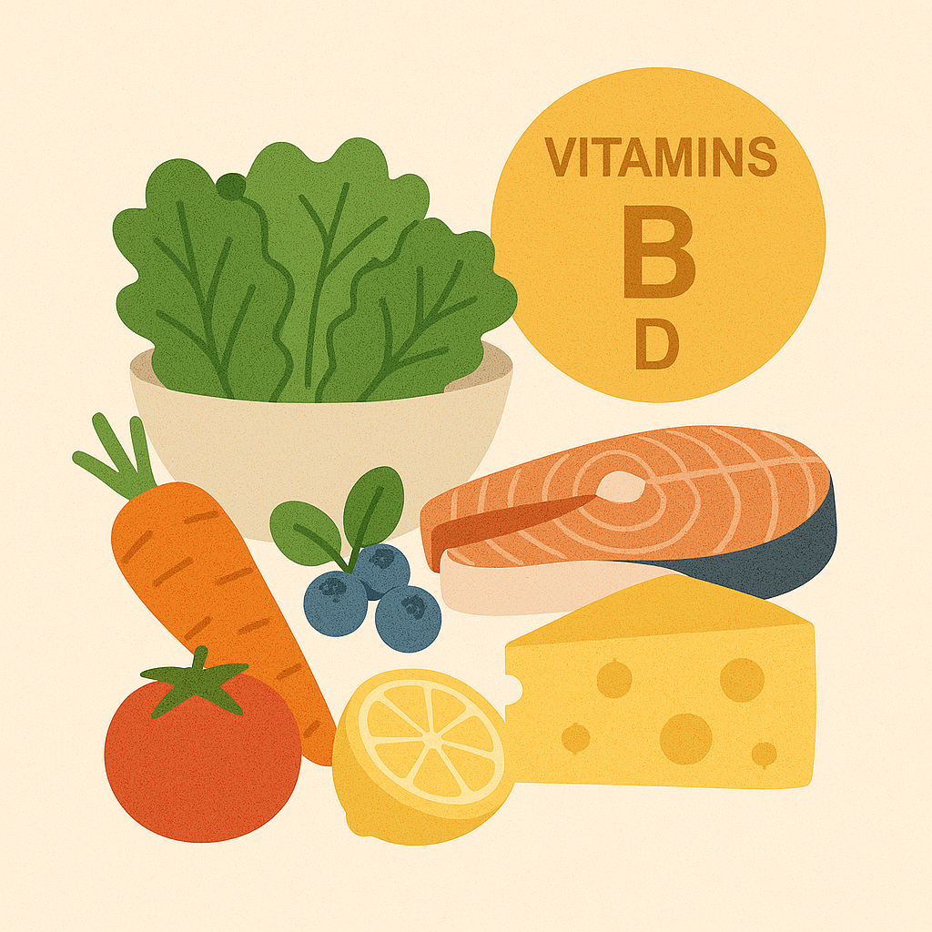 Ilustración digital de alimentos saludables como salmón, espinaca, zanahoria, tomate y frutas, que representan una dieta rica en vitaminas esenciales. Falta de vitaminas