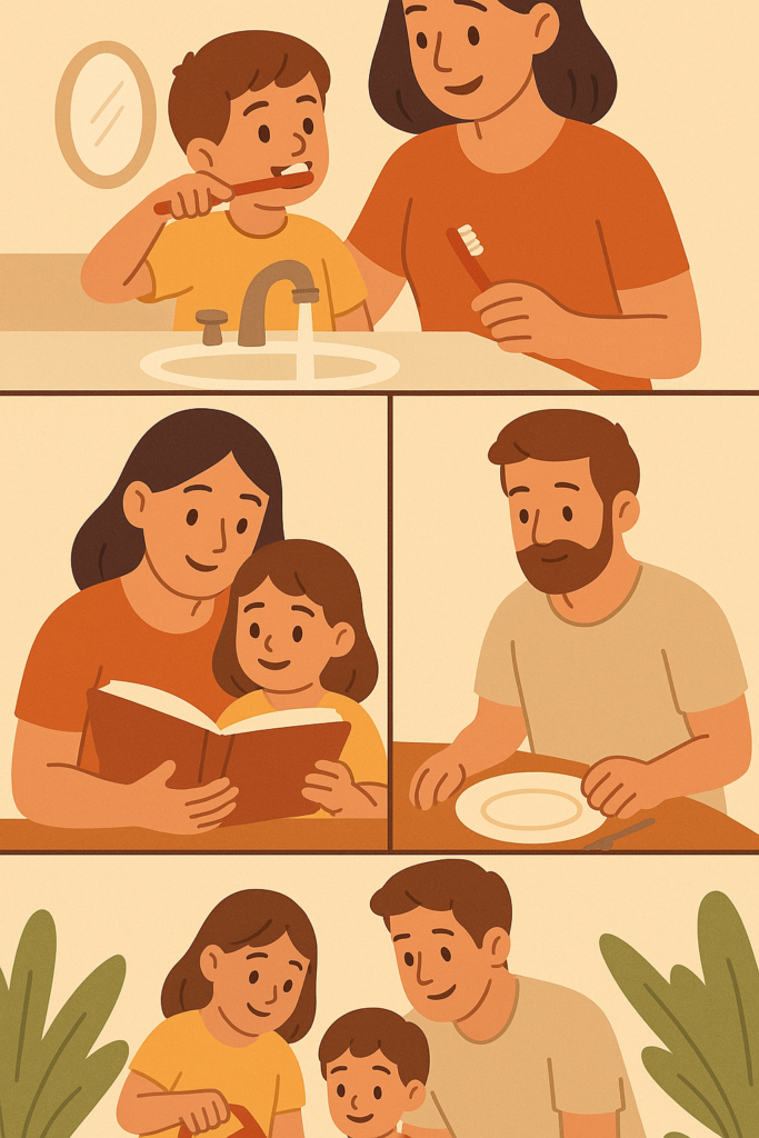 Ilustración vertical de una familia enseñando buenos hábitos: cepillarse los dientes, leer, preparar la mesa y cuidar plantas, en un estilo cálido y educativo.