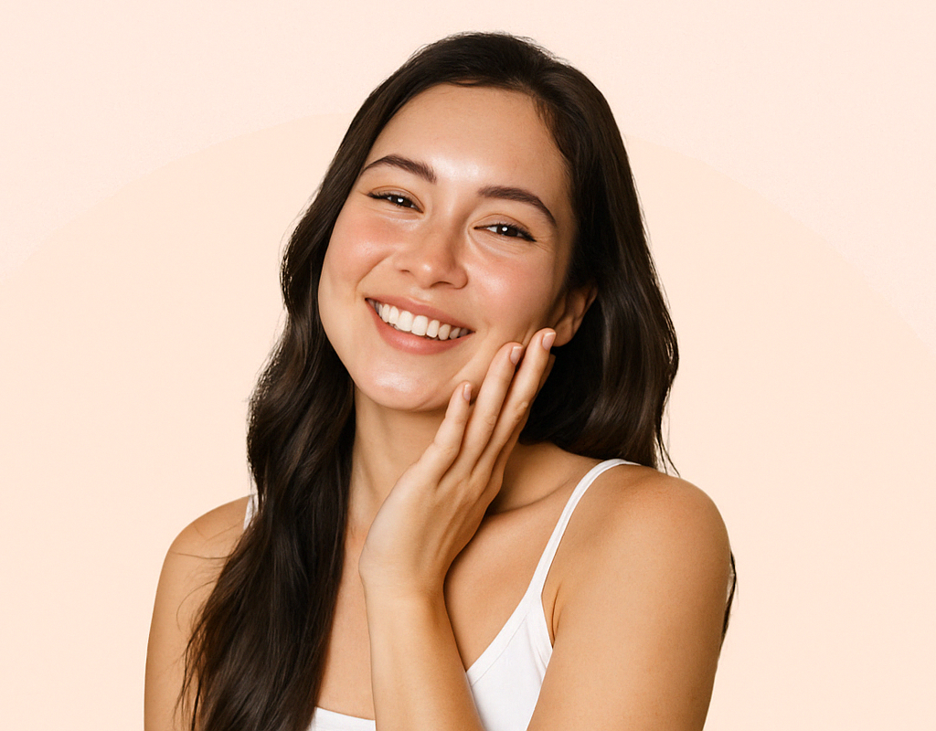 Mujer feliz tocando su rostro con expresión de bienestar y piel saludable