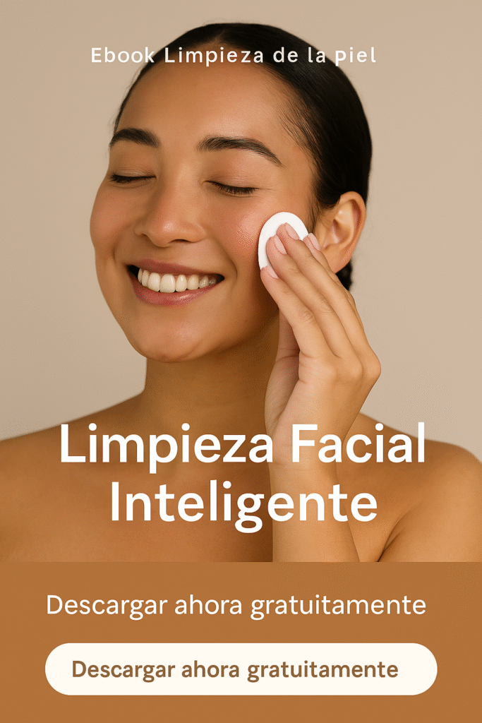 Mujer sonriente limpiando su rostro con algodón, imagen promocional del eBook Limpieza Facial Inteligente