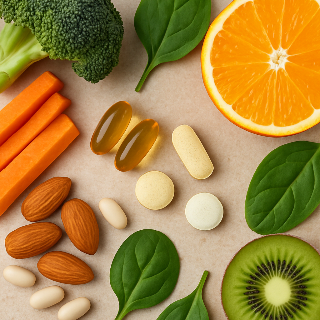Vista superior de frutas, vegetales, frutos secos y cápsulas de vitaminas sobre una superficie beige, representando fuentes naturales de vitaminas solubles