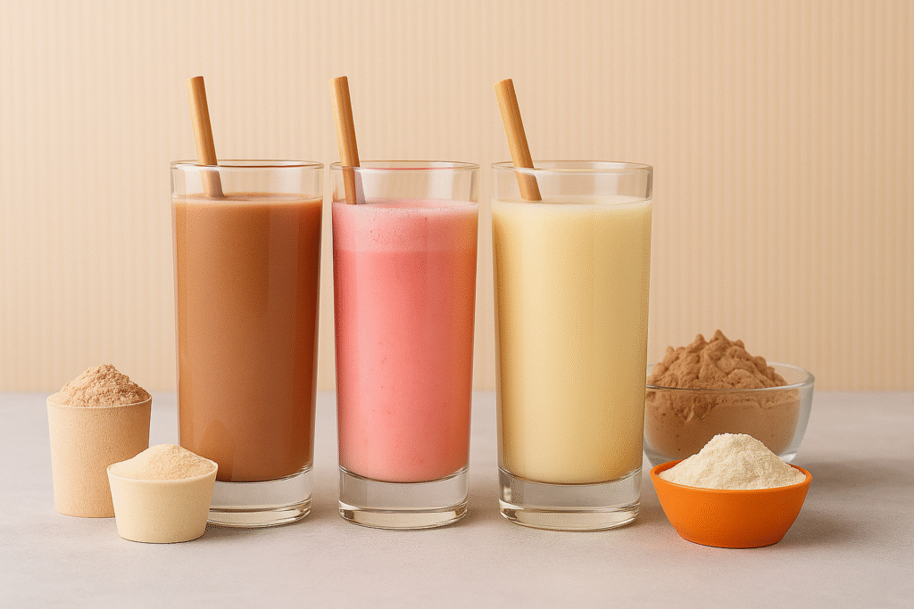 Tres vasos altos con batidos de chocolate, fresa y vainilla, acompañados de proteína en polvo y fondo a rayas beige