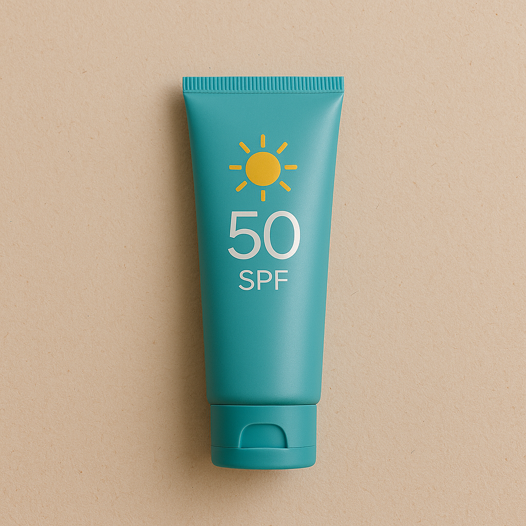 envase de protector solar SPF 50 sobre fondo beige