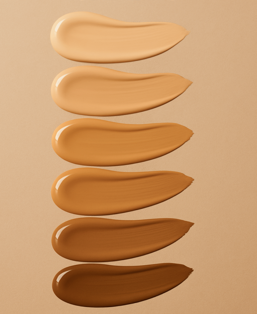 Tonos de base de maquillaje en suero sobre fondo cálido