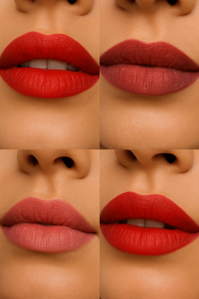 labios maquillados con diferentes tonos de labial rojo