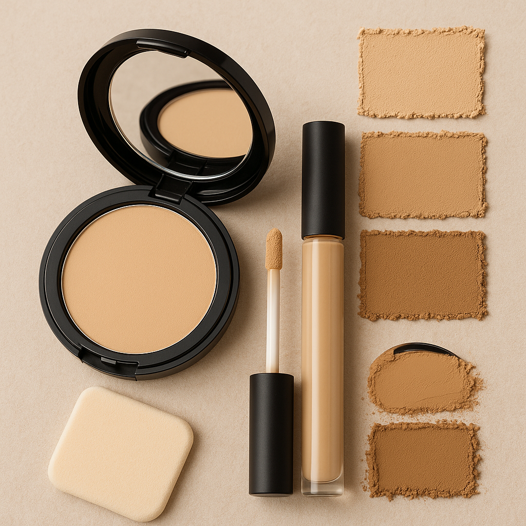 Maquillaje en polvo y corrector líquido para piel saludable sin marcas visibles