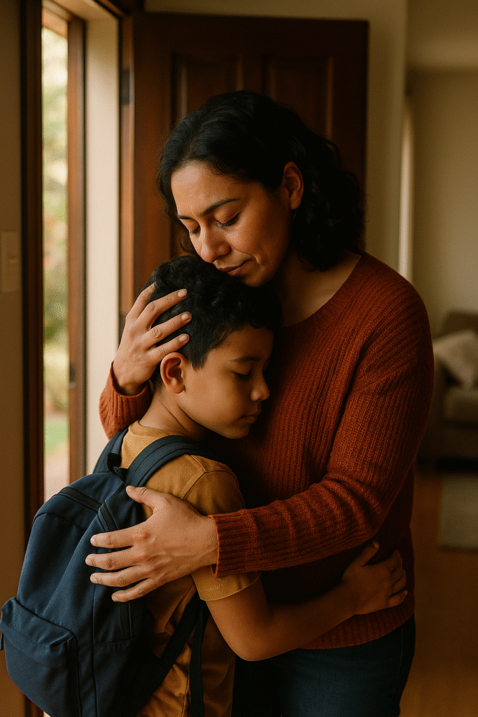 Madre abrazando a su hijo con ternura antes de que salga a clases