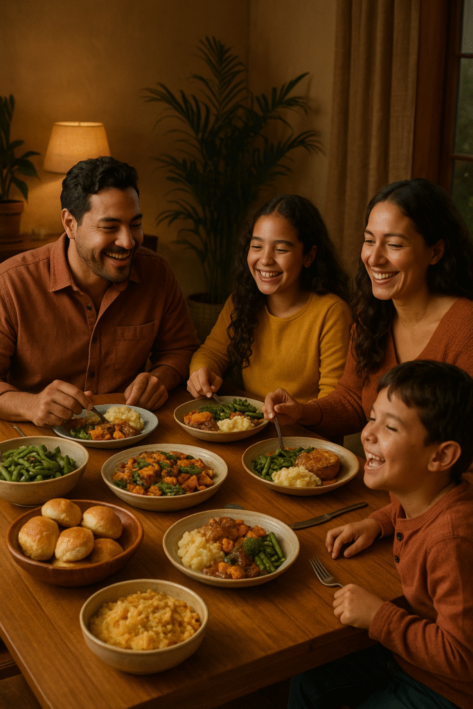 Familia feliz cenando junta en un ambiente cálido y acogedor