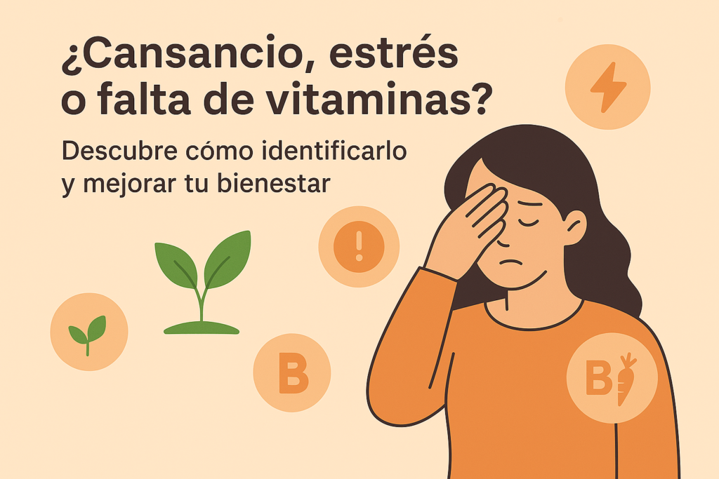 Ilustración de una mujer fatigada con símbolos de vitaminas, naturaleza y esperanza, representando síntomas por deficiencia vitamínica y bienestar.