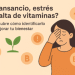 Ilustración de una mujer fatigada con símbolos de vitaminas, naturaleza y esperanza, representando síntomas por deficiencia vitamínica y bienestar.