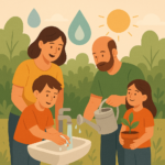 Ilustración de una familia usando el agua de manera responsable: lavándose las manos, regando plantas y enseñando hábitos sostenibles al aire libre.