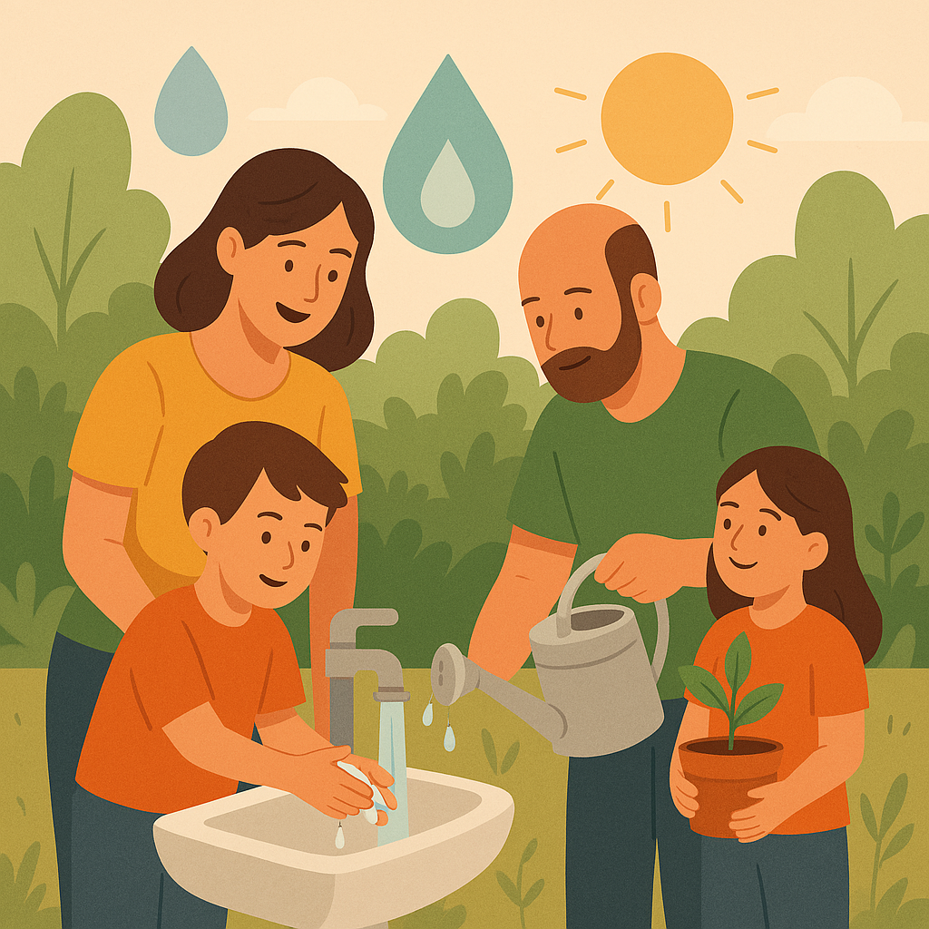 Ilustración de una familia usando el agua de manera responsable: lavándose las manos, regando plantas y enseñando hábitos sostenibles al aire libre.