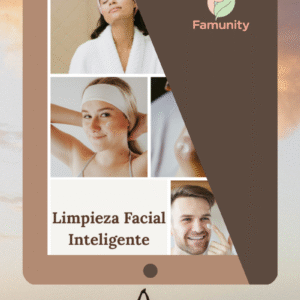 Diseño tipo tablet con imágenes de mujeres y hombres cuidando su rostro, junto al logo de Famunity y título del eBook