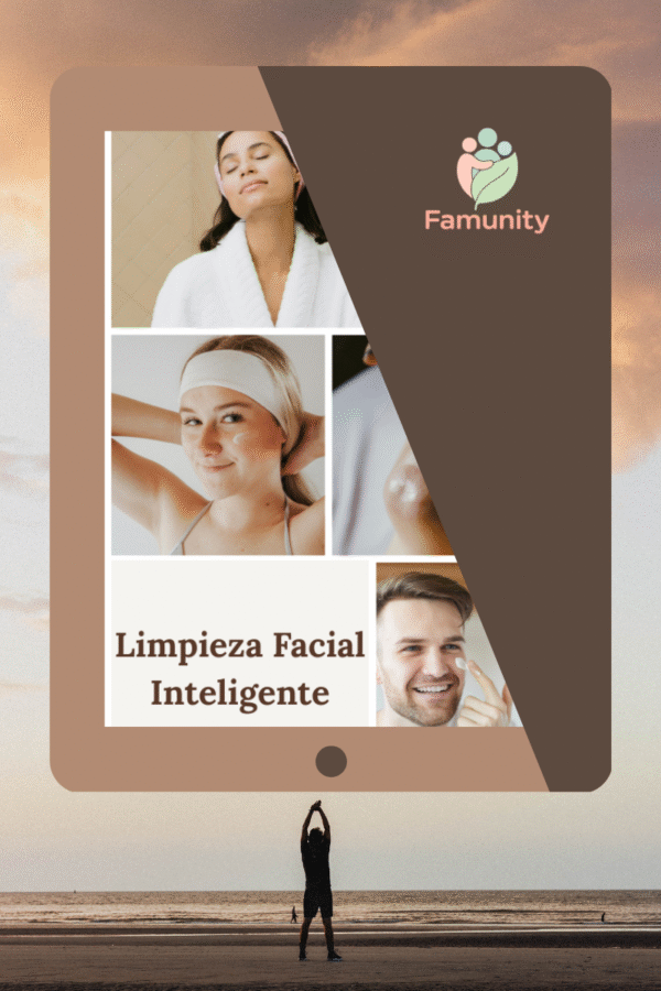 Diseño tipo tablet con imágenes de mujeres y hombres cuidando su rostro, junto al logo de Famunity y título del eBook