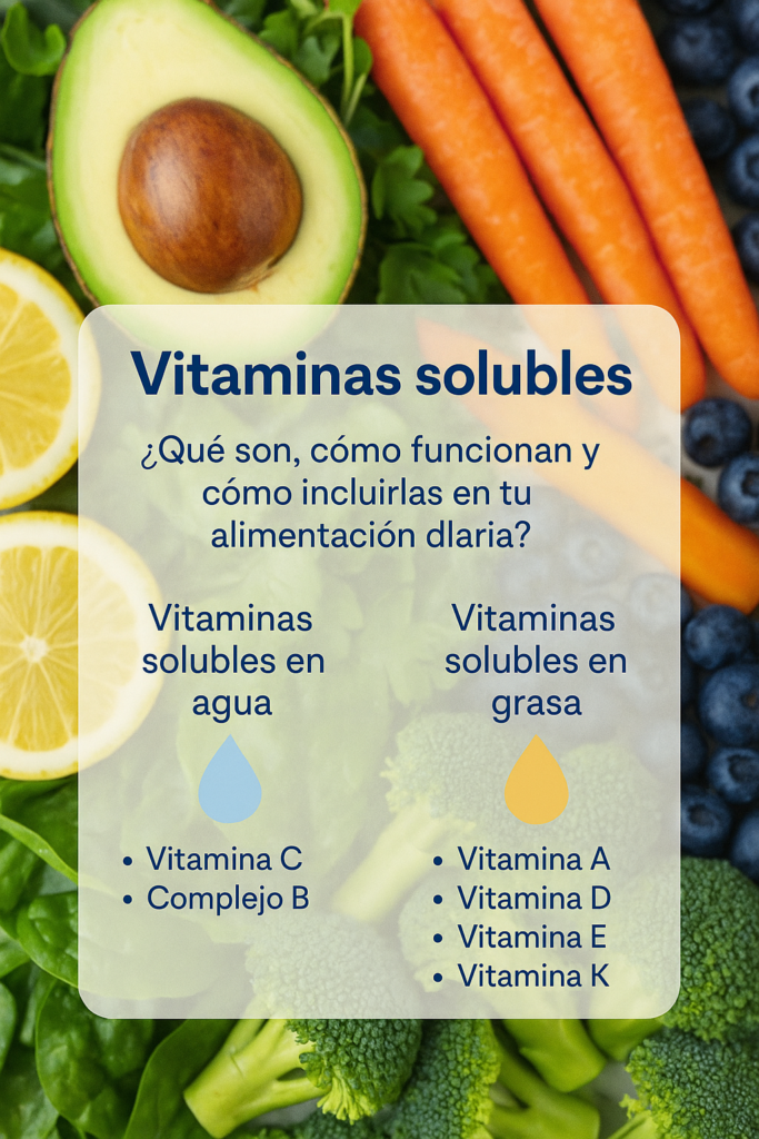 Infografía con lista de vitaminas solubles en agua y grasa sobre fondo de frutas y verduras