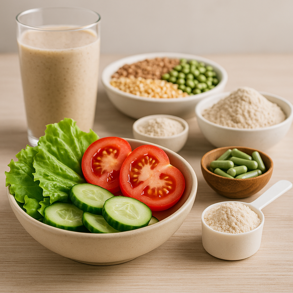 Bowl con vegetales frescos, batido nutritivo y suplementos en polvo y cápsulas sobre mesa de madera