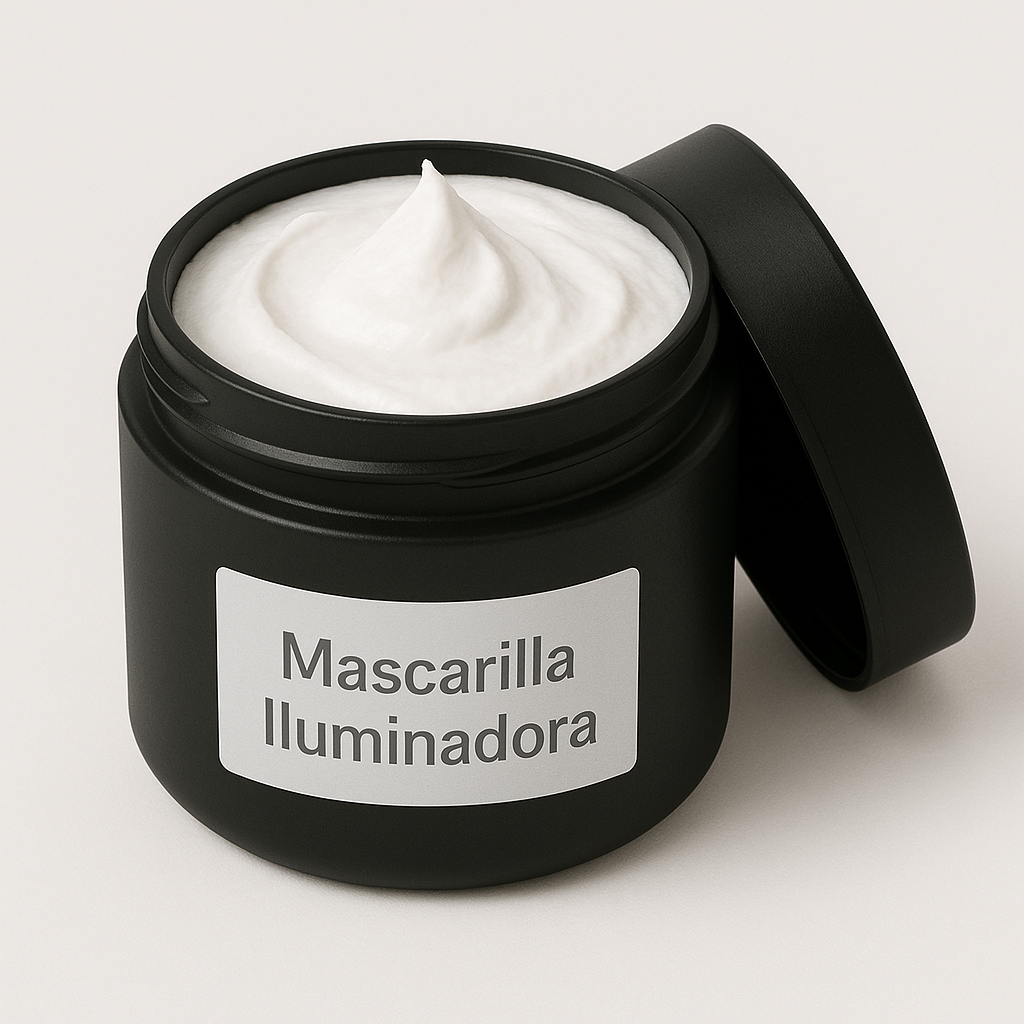 Mascarilla Iluminadora para piel radiante tarro negro con crema facial blanca iluminadora